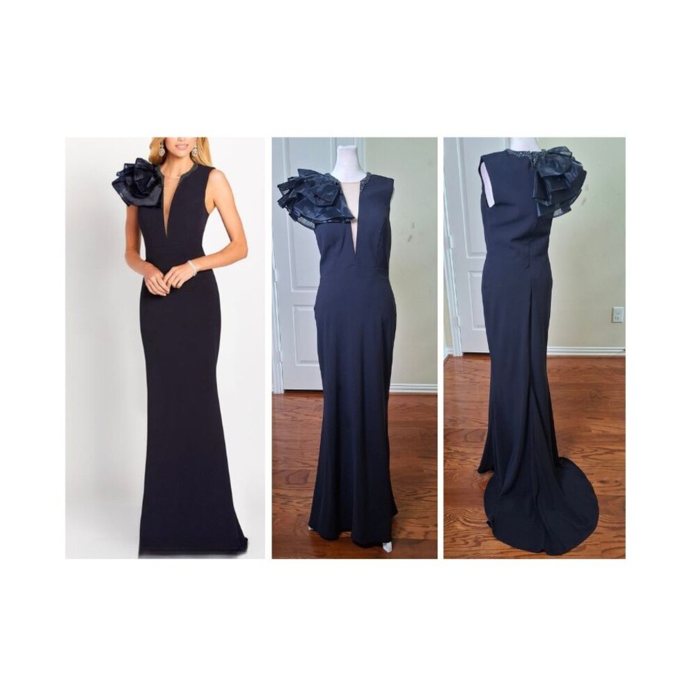Cameron Blake Navy Beaded Formal Evening Gown Mother Bride Dress 8 Train Bustle